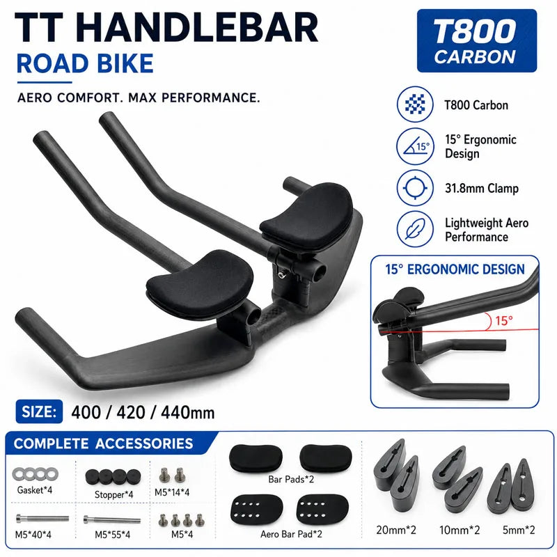 No Logo Aero Carbon Fiber Triathlon Bicycle Handlebar TT Bar HB095 15-Degree Angle Suitable for Left Or Right Arm Use