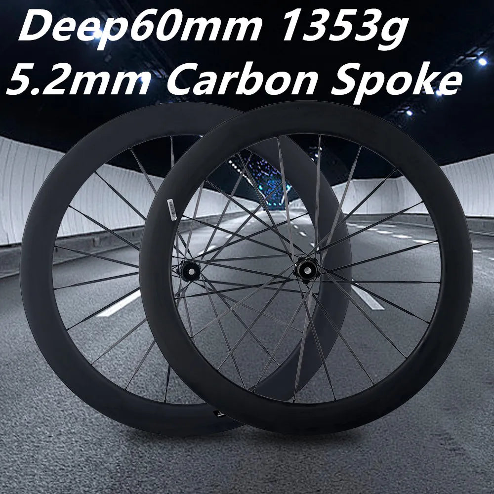 700C 1353g 60mm 5.2mm Carbon Spoke Wheels Road Bike Disc Brake Clincher Tubeless