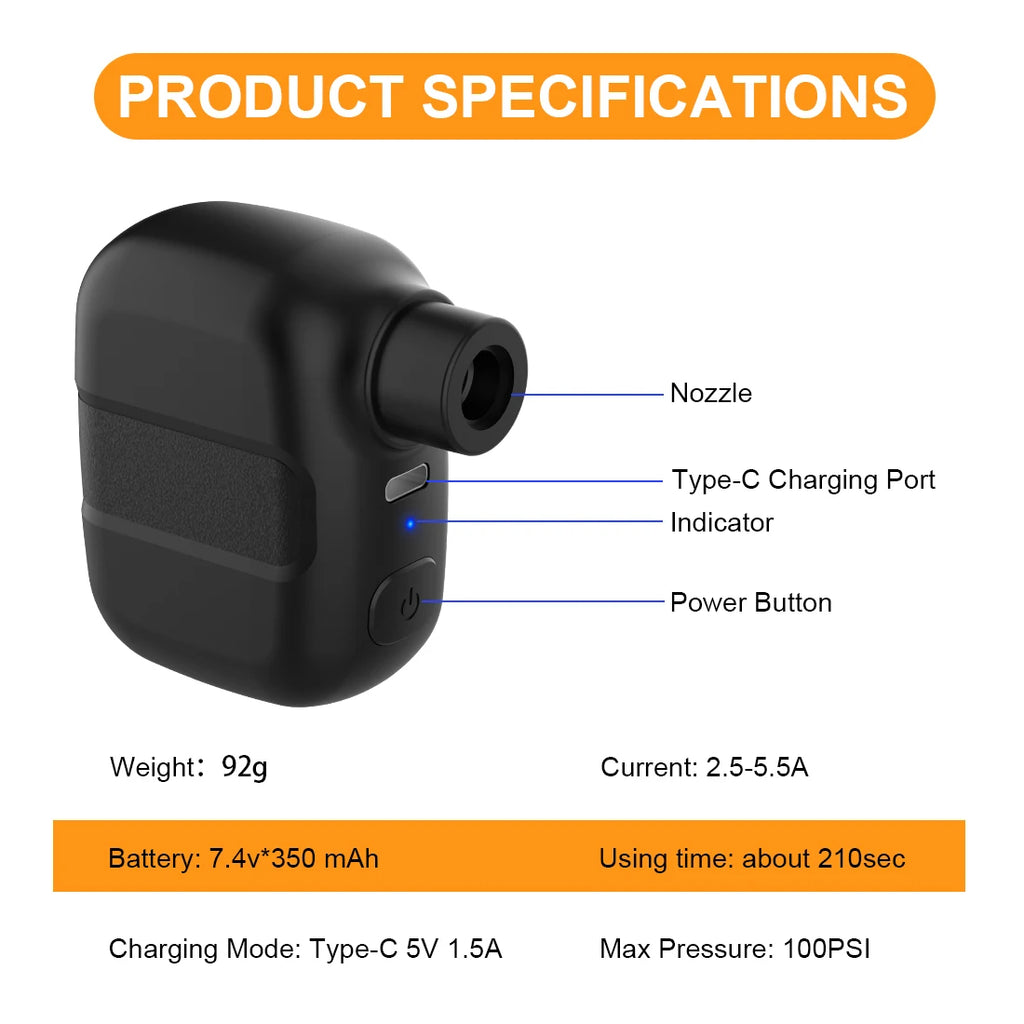 Mini Portable Bicycle Pump Rechargeable Electric Air Inflator 100PSI 5V Type-C